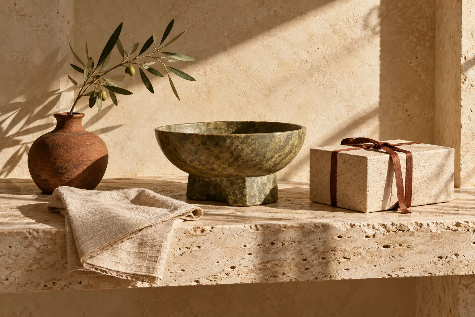 Tactile objects and a wrapped gift in warm afternoon light